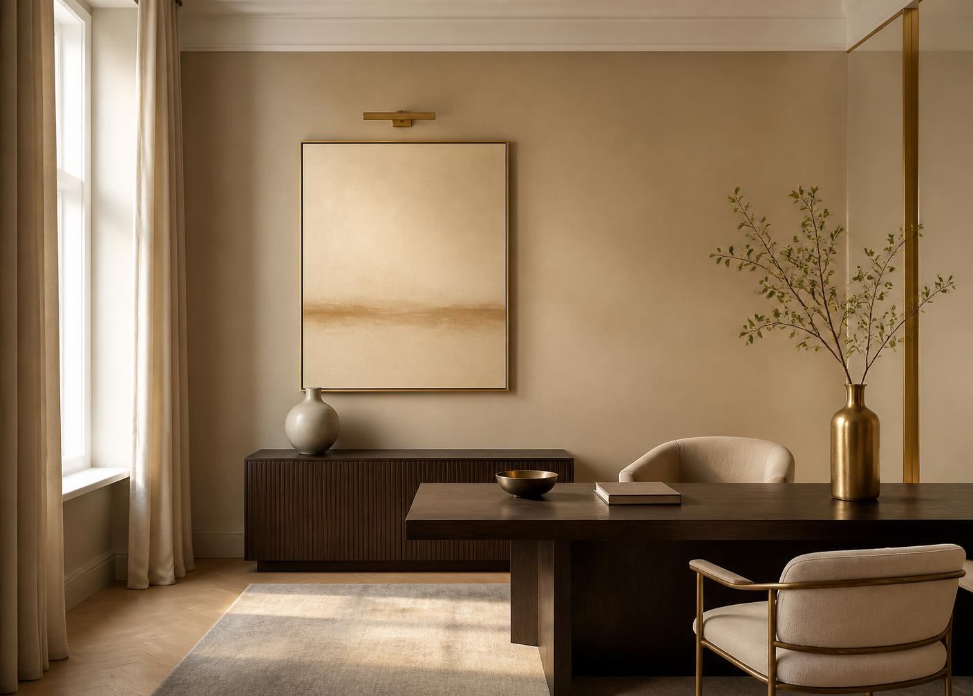 A calm, minimal strategy studio with warm daylight and brass accents